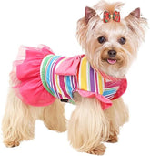 KUTKUT Dog Clothes Girl Dog Dress Puppy Dresses Pet Dress Female Cavalier King, Frenchi Cat Tulle Dress Birthday Party Lace Costume Stripes Tutu Skirt Apparel Bow Outfit (Multi)